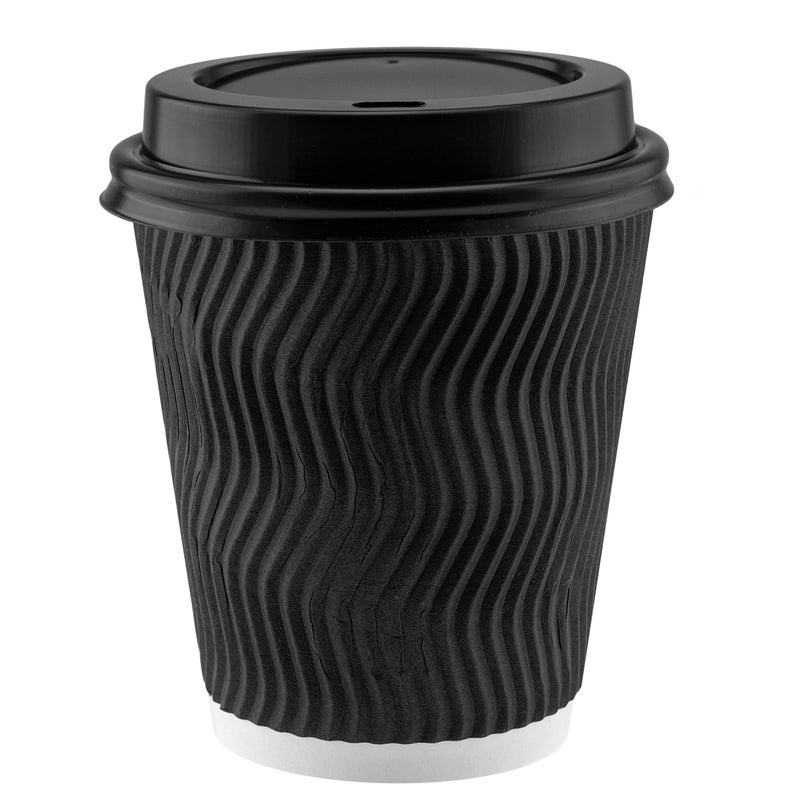 NYHI Set of 100 Black Disposable Paper Cups with Black Lids and Straws 12 oz Ripple Insulated Kraft for Hot Drinks Tea Coffee Triple Layer Design Eco Friendly Recyclable Durable Paper - Image 4
